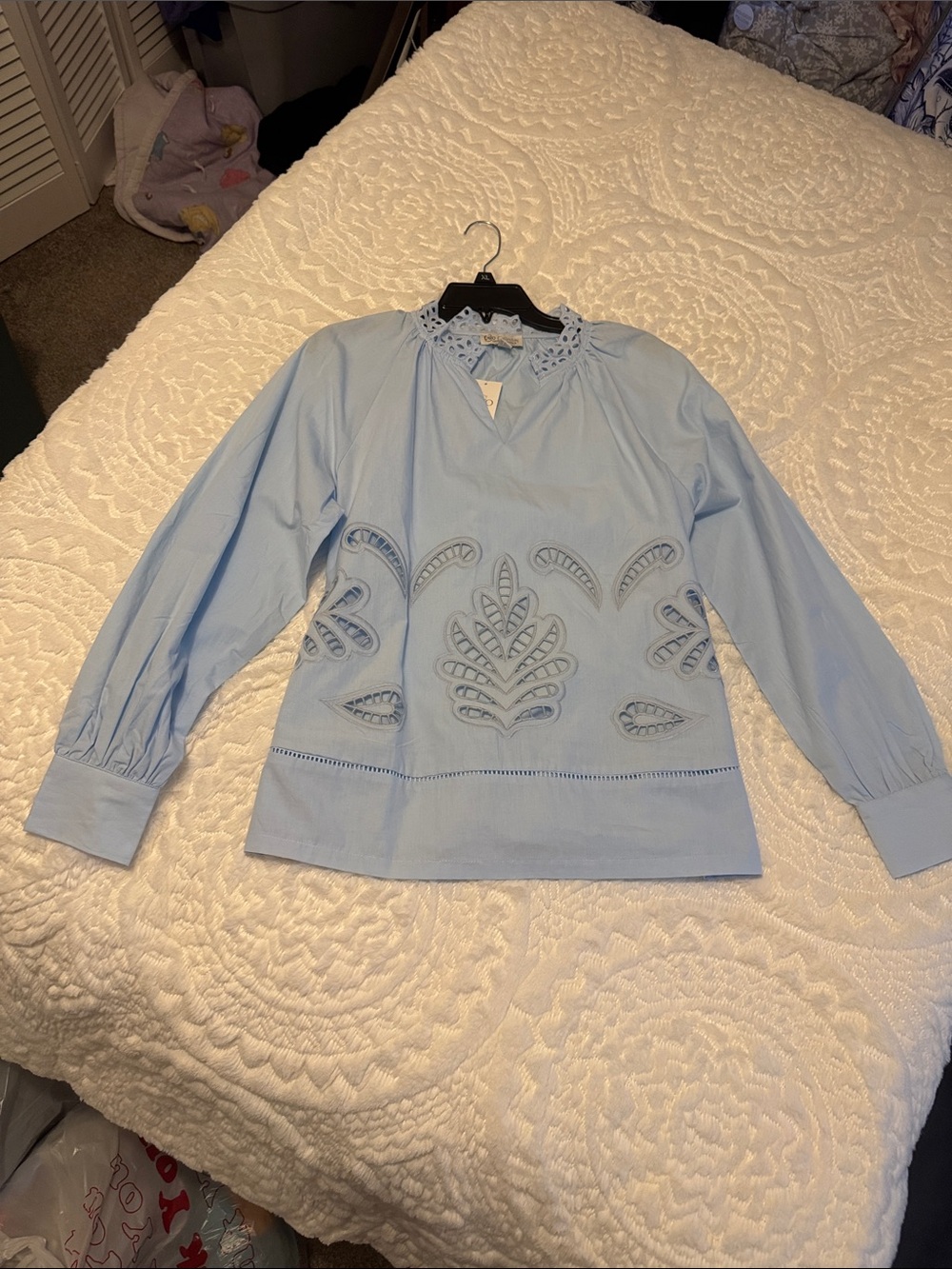 Women's Light Blue Eyelet Cutwork Long-Sleeve Blouse